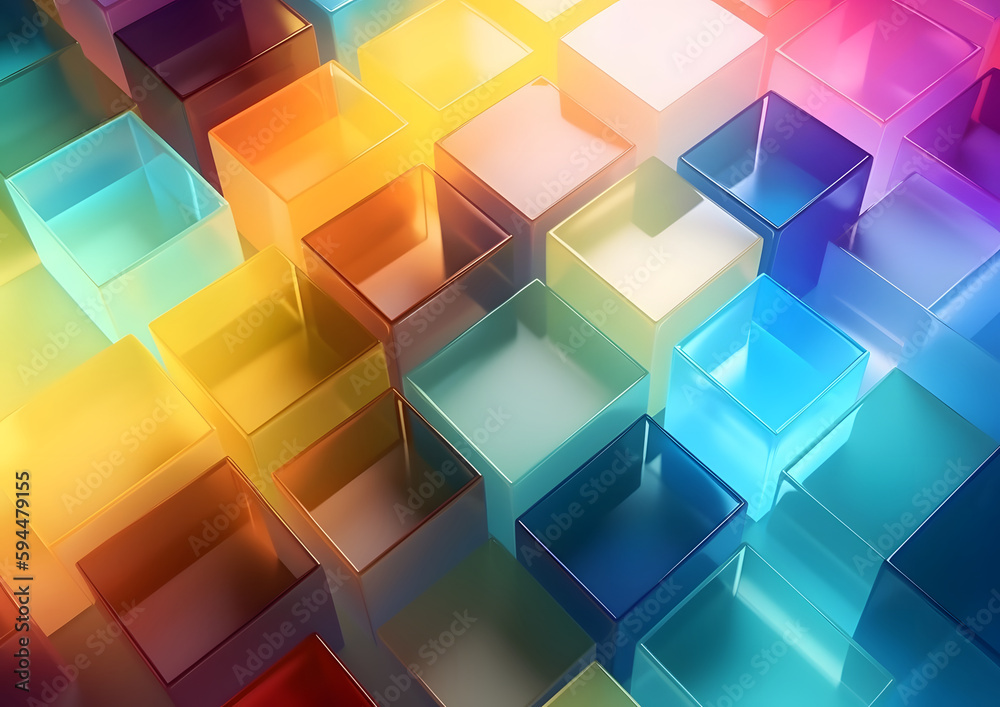 Abstract translucent glass geometric background, with colorful gradient, simple flat square shapes, 