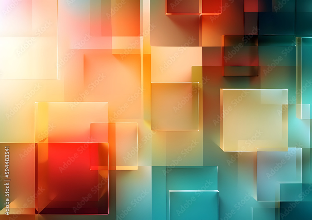 Abstract translucent glass geometric background, with colorful gradient, simple flat square shapes, 