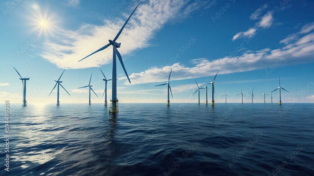 Offshore Windmill farm in the ocean, windmills isolated at sea on a sunny day. Generative AI