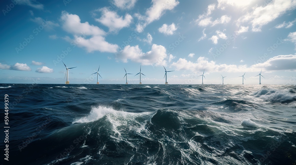 Offshore Windmill farm in the ocean, windmills isolated at sea on a sunny day. Generative AI