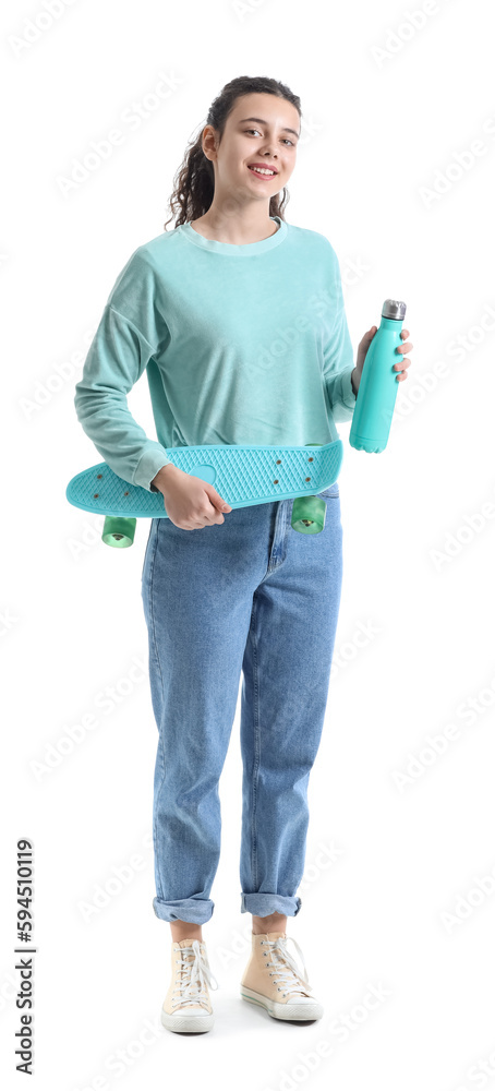 Teenage girl with bottle of water and skateboard on white background