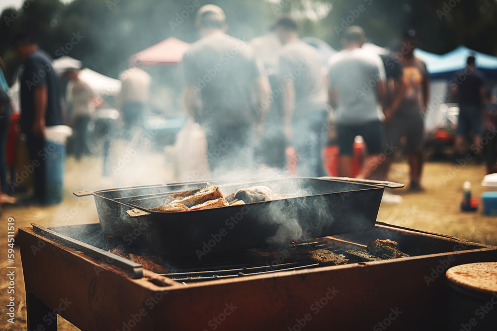 Baked beef smoke and flames on the grill