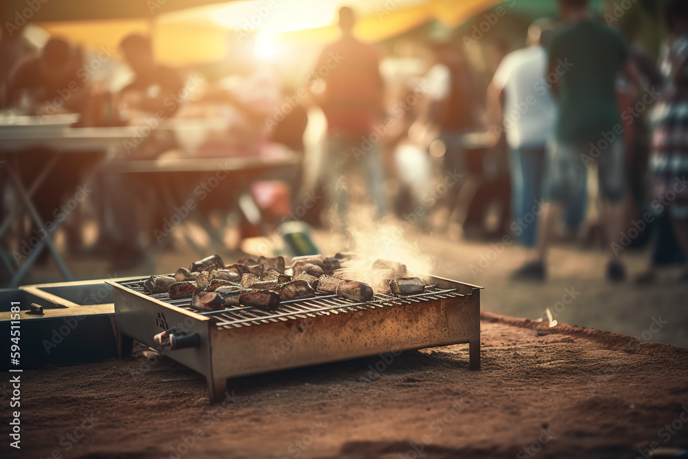 Baked beef smoke and flames on the grill