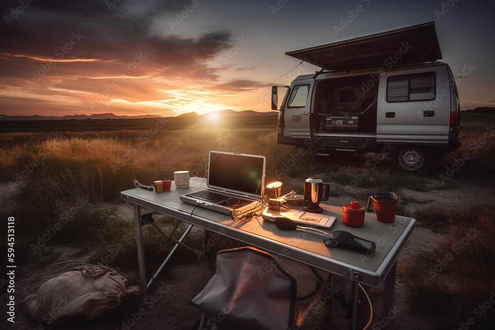 Adventure, tents and cars in the park forest. Outdoor landscape in the morning