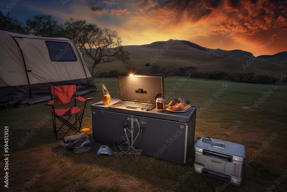 Adventure, tents and cars in the park forest. Outdoor landscape in the morning