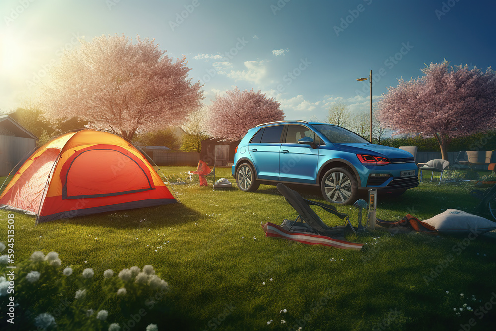 Adventure, tents and cars in the park forest. Outdoor landscape in the morning