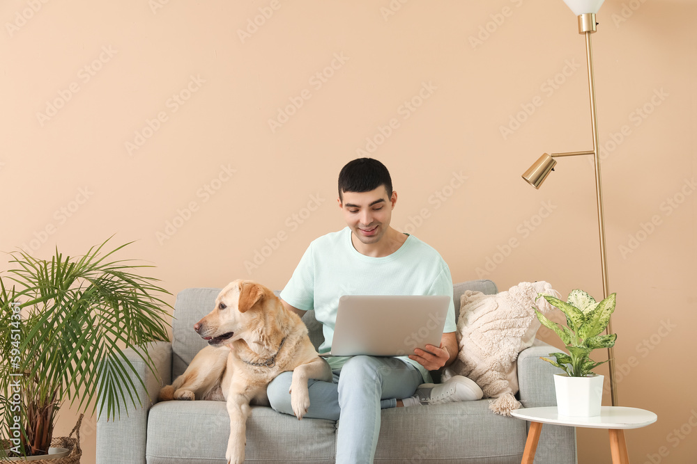 Young man with laptop and his Labrador dog sitting on sofa at home