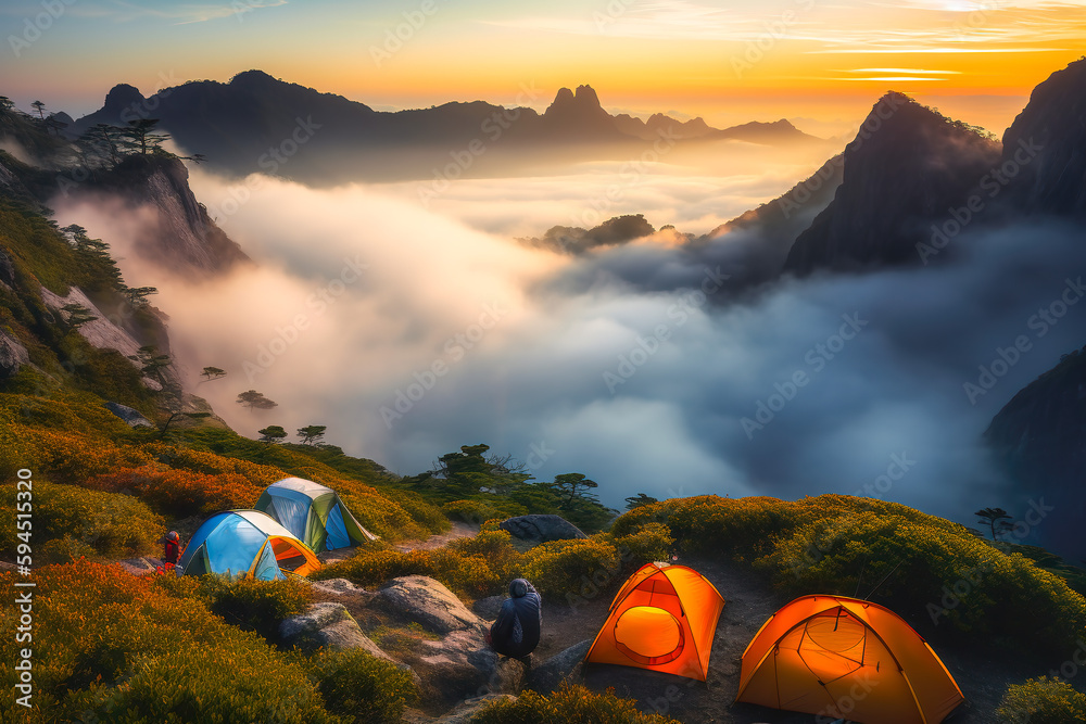 Travelers look beautiful when they are camping on sunset and mountain camping, adventure travel life