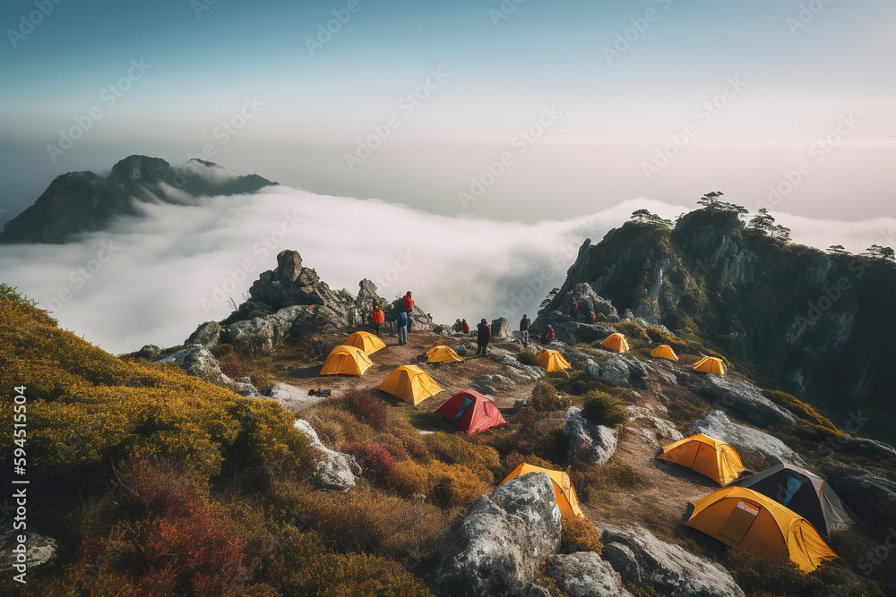 Travelers look beautiful when they are camping on sunset and mountain camping, adventure travel life