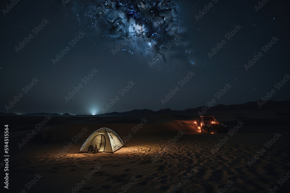  Camping tent under the desert under the starry sky