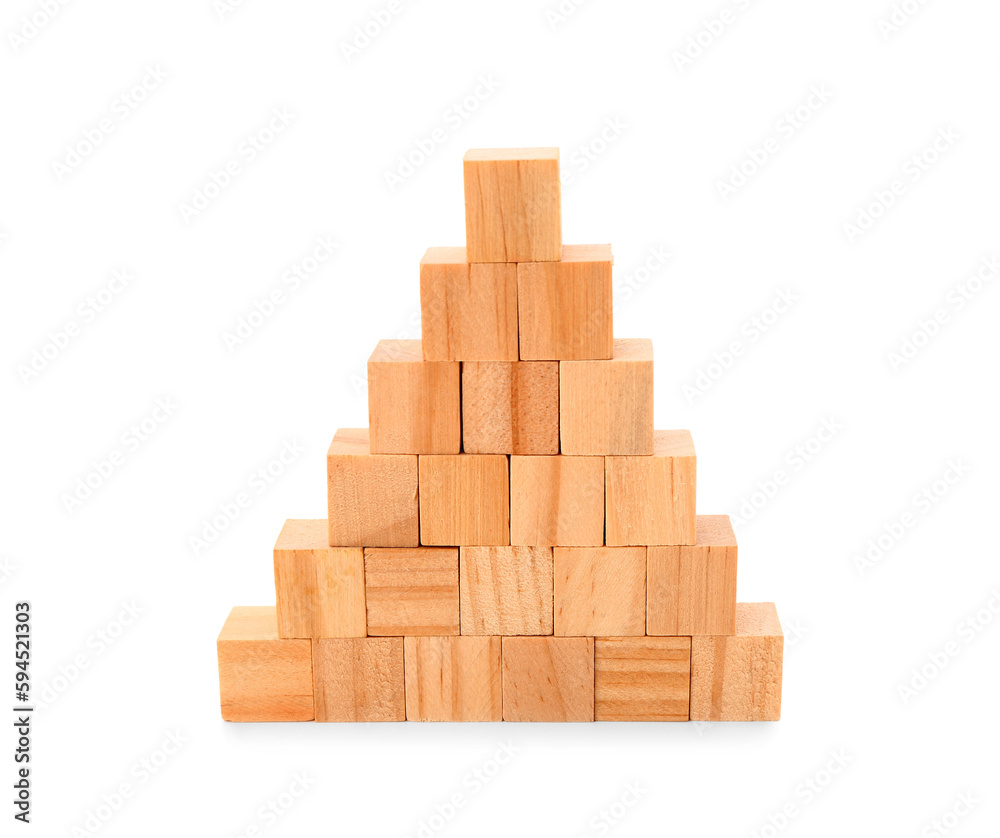 Pyramid made of wooden cubes on white background