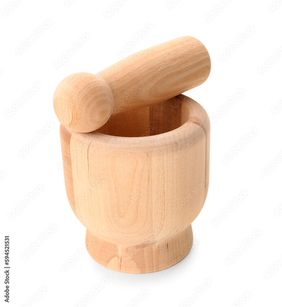 Wooden mortar with pestle isolated on white background