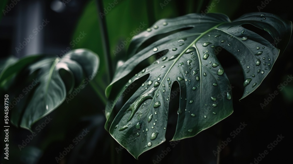 Closeup of Monstera tropical plant leaves with rain drops. Green natural backdrop. Generative AI