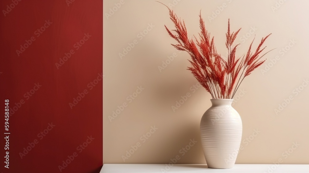 Vase with decorative plant branch against red and beige wall background. Minimalist interior mockup.