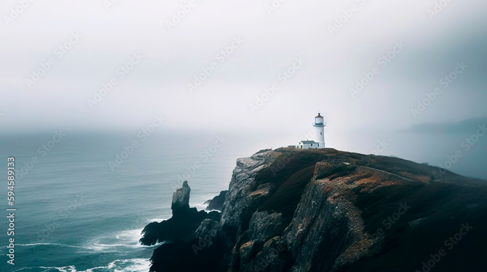 Lighthouse on a cliff edge in stormy and misty weather. Generative AI