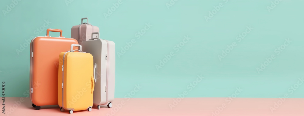 Pastel colored scene with travel suitcases, on uniform background. Trip concept. Generative AI