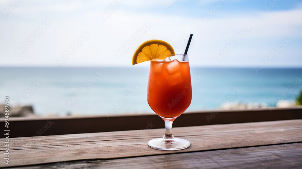 Bay Breeze cocktail on background with blue sea and sky tropical background. Generative AI