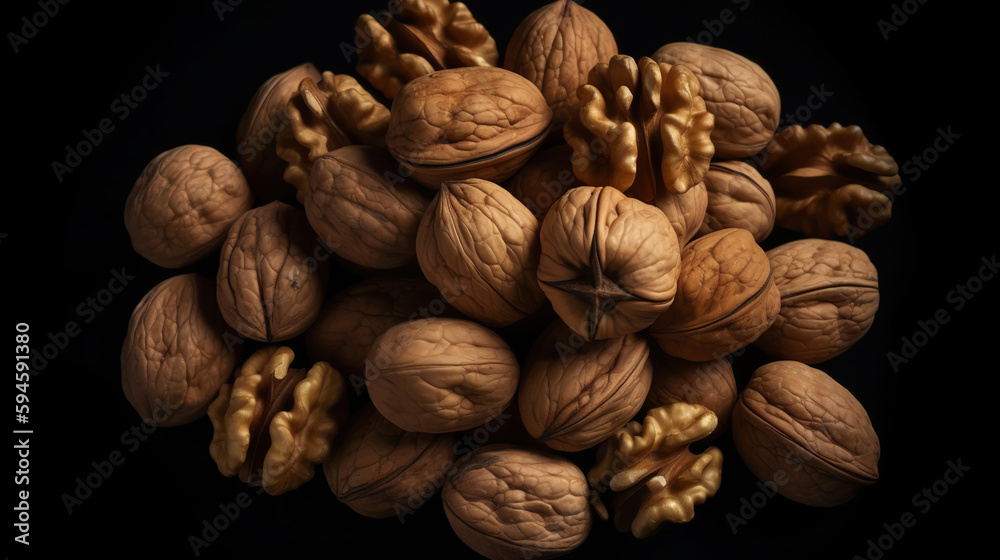 Walnuts with and without shells filling the view on dark background. Top view of fresh walnuts. Gene