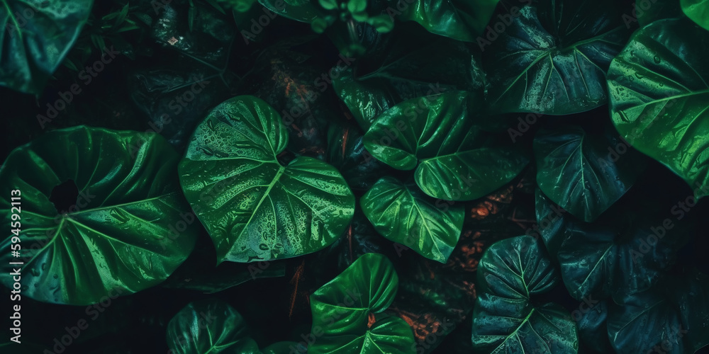 closeup nature view of green leaf and palms background. Flat lay, dark nature concept, tropical leaf