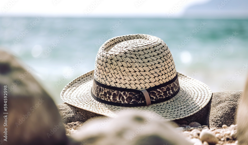 Hat on the sand with a sea background. Travel concept. Generative AI