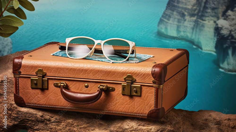 Suitcase with accessories on the sand with a sea background. Travel concept. Generative AI