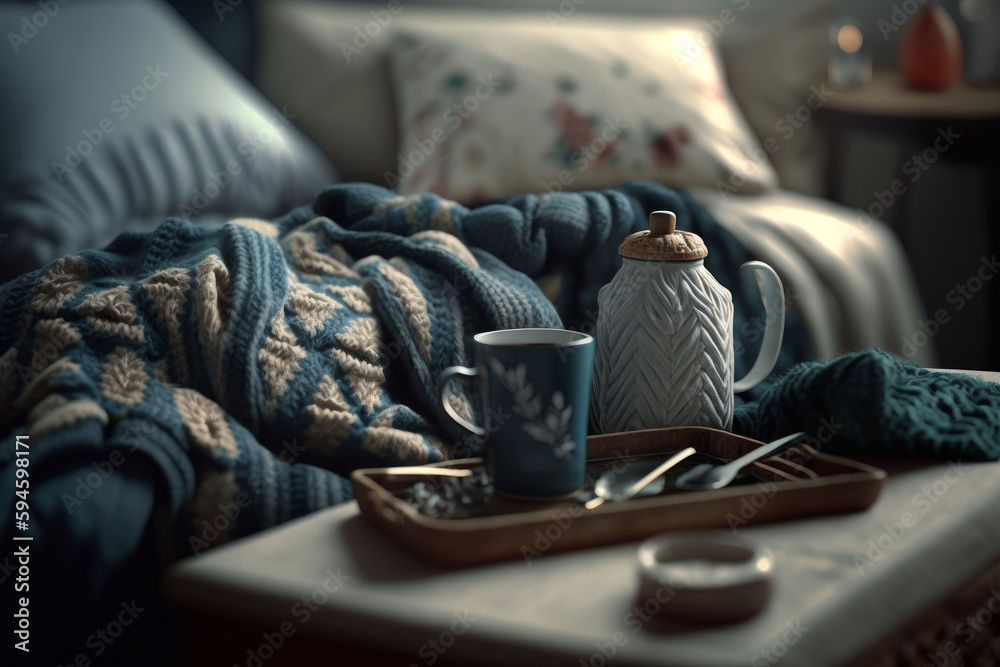 Cozy interior with cup of coffee. Illustration AI Generative