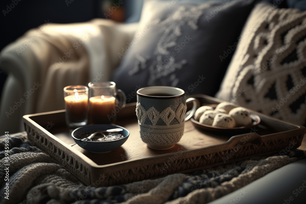 Cozy interior with cup of coffee. Illustration AI Generative