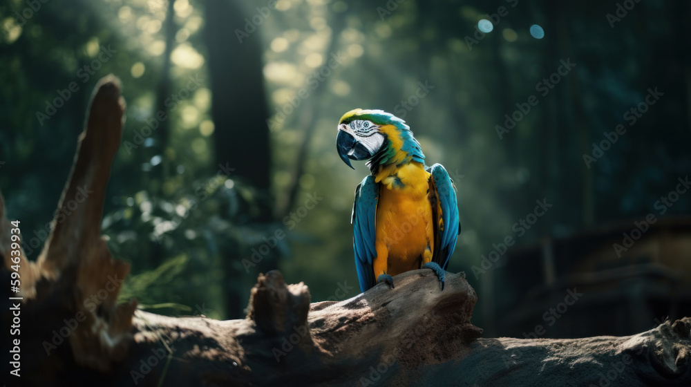 Colorful Macaw bird in forest background. ai generated.