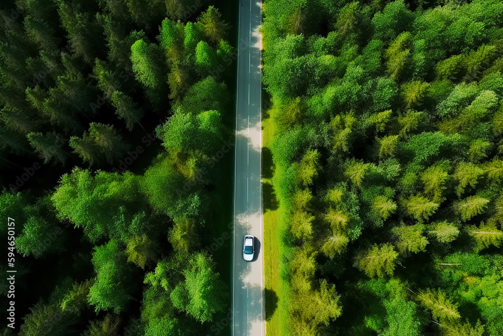 Aerial view asphalt road and green forest, Forest road going through forest with car adventure view 