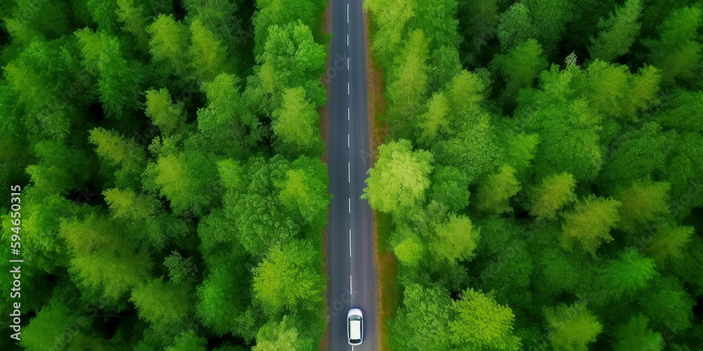 Aerial view asphalt road and green forest, Forest road going through forest with car adventure view 