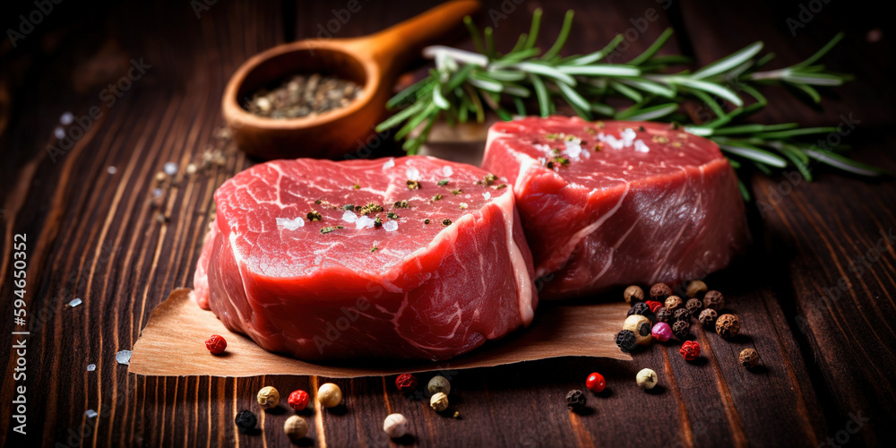 Raw beef filet Mignon steak on a wooden Board with pepper and salt, black Angus marbled meat.