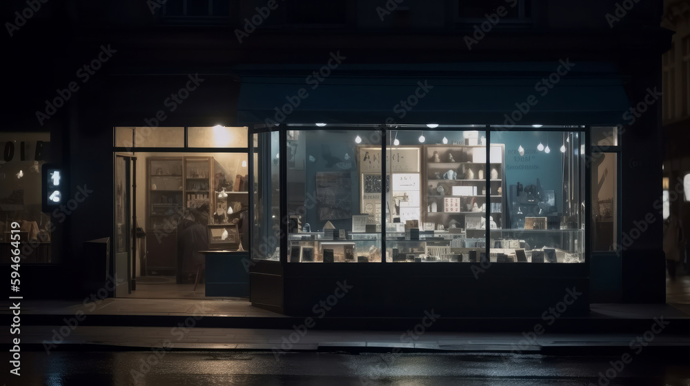 Empty shop layout street window display in the city at night. Illustration AI Generative.