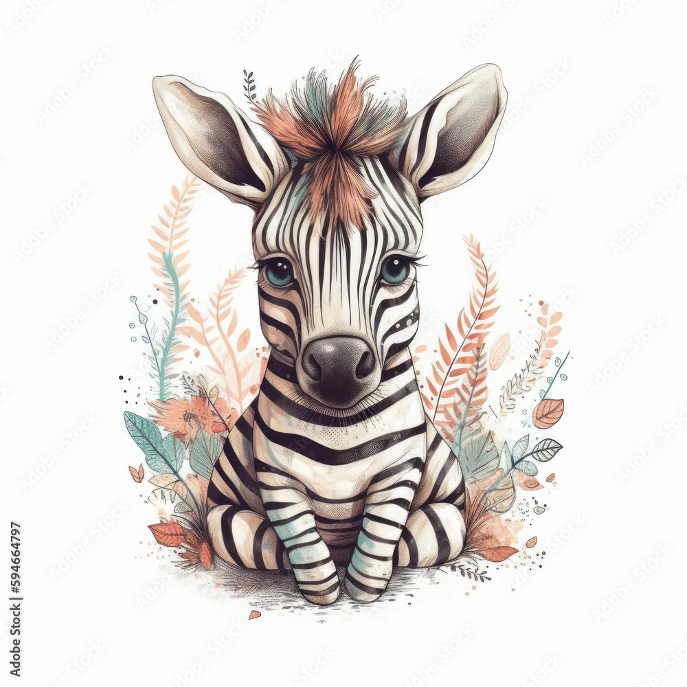 Cute watercolor baby zebra. Illustration AI Generative