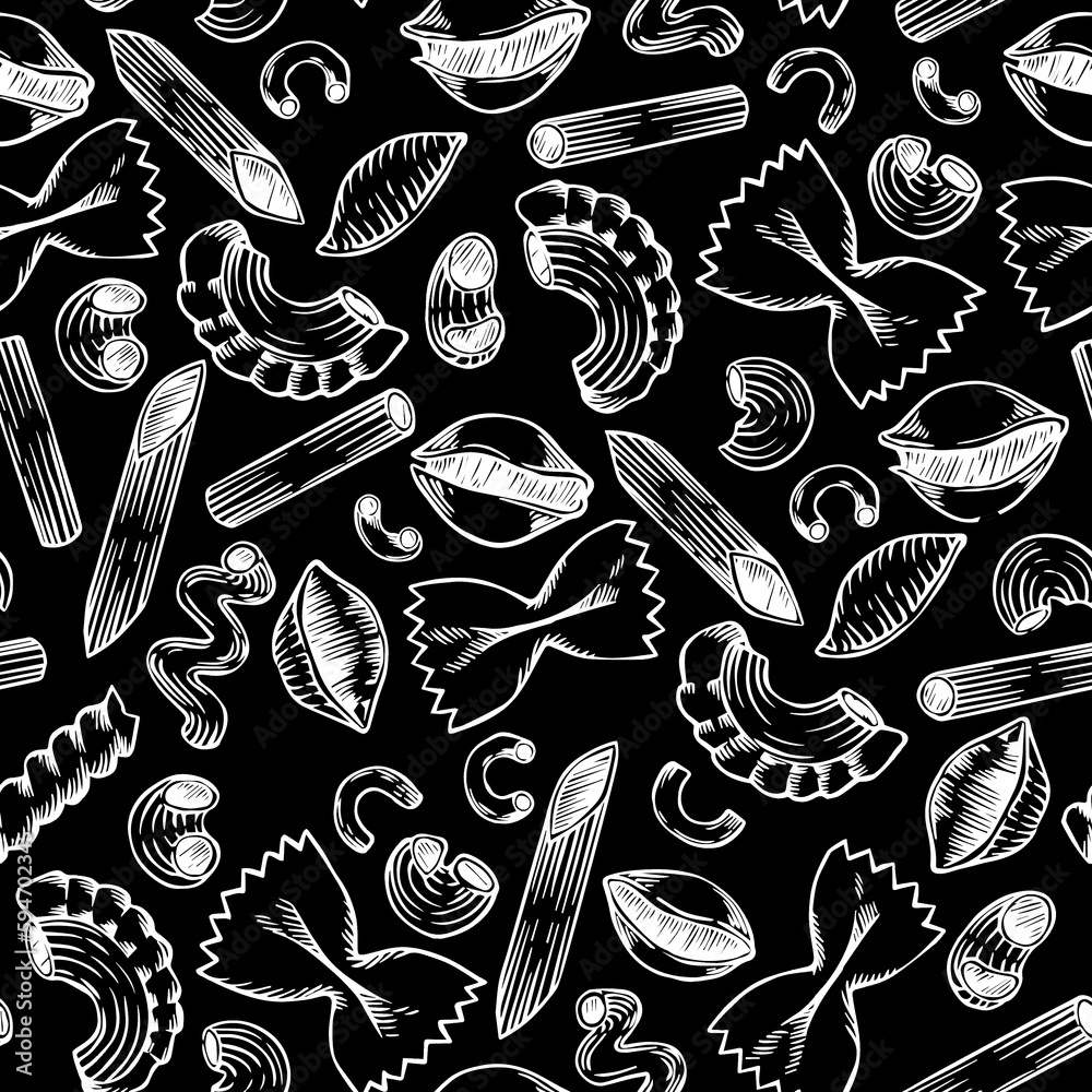 seamless pattern in sketch style. vintage print of types of pasta. italian food, pasta on dark backg