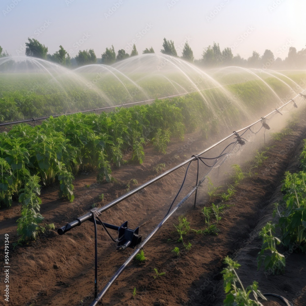 Irrigation system in functional watering of agricultural plants Illustration AI Generative