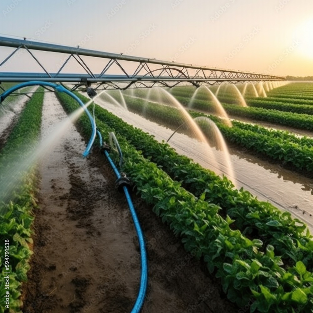 Irrigation system in functional watering of agricultural plants Illustration AI Generative