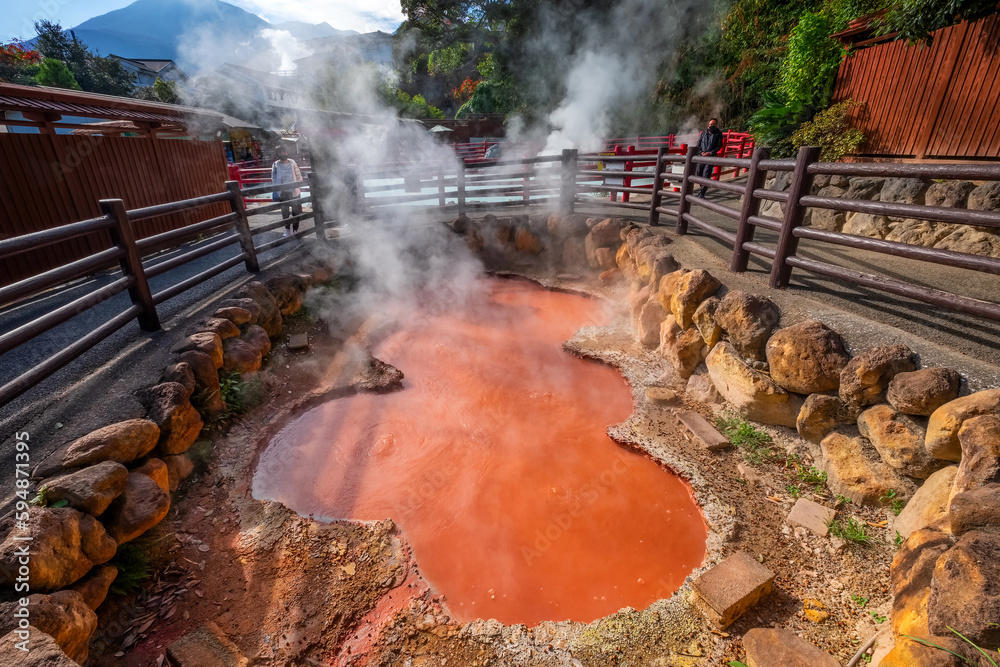 Beppu, Japan - Nov 25 2022: Kamado Jigoku hot spring in Beppu, Oita. The town is famous for its onse