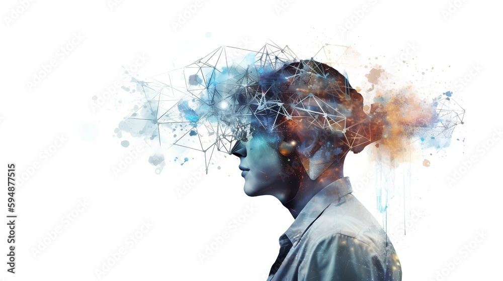 Double exposure image of person using immersive technology, with abstract graphics representing digi