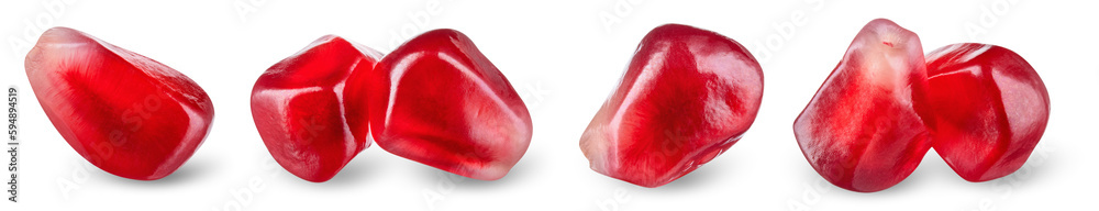 Pomegranate seeds isolated. Pomegranate grains collection on white background. Flat lay pomegranate 