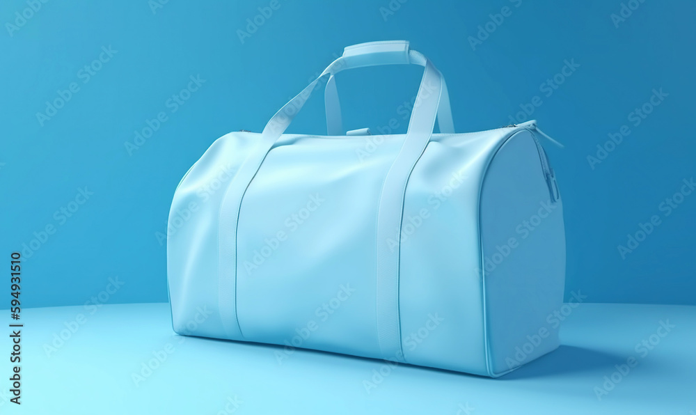 Blue travel suitcase, on blue background. Trip concept. Generative AI