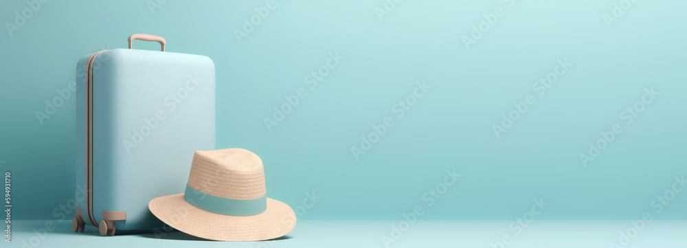 Blue travel suitcase with straw hat, on light blue background. Trip concept. Generative AI