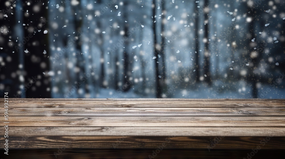 Wood table mockup with falling snow on background. Empty copy space for product presentation. Genera