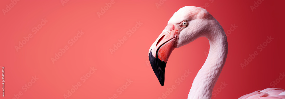 Flamingo profile on a red uniform background. Beautiful colorful bird. Generative AI