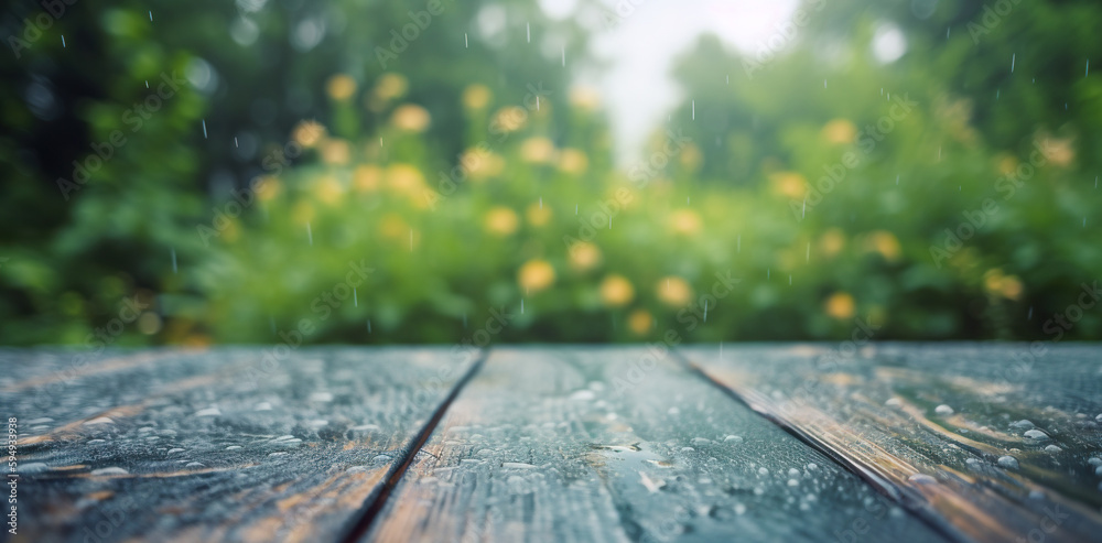 Wood table mockup with summer rain over green landscape. Empty copy space for product presentation. 