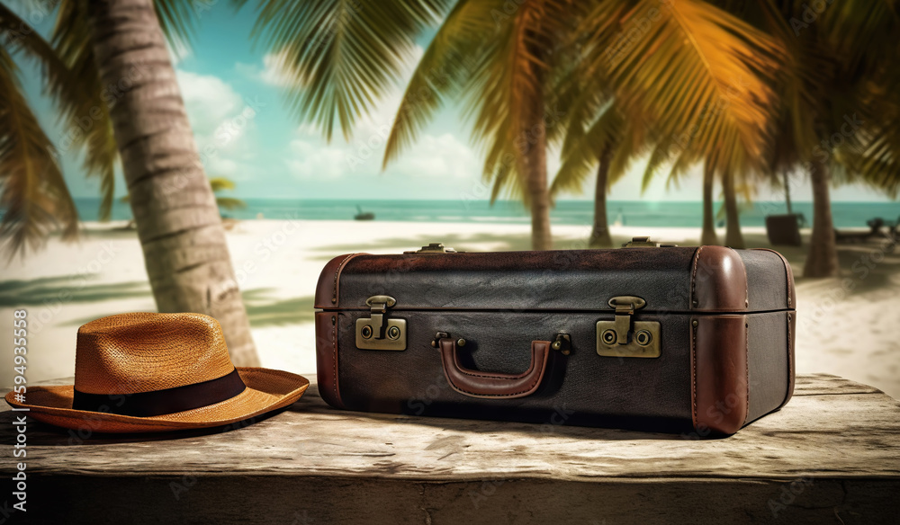 Suitcase, hat and accessories on the wooden floor with a sea background. Travel concept. Generative 