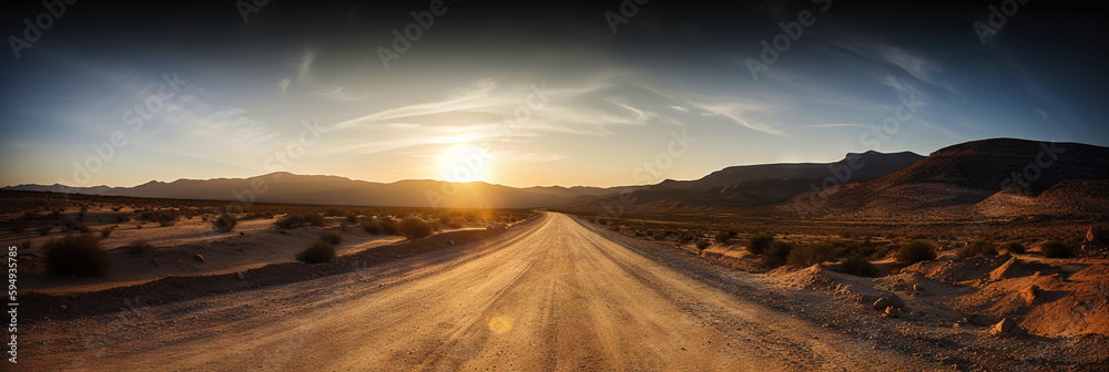 Road to horizon in desert landscape on sunset. Travel concept. Generative AI