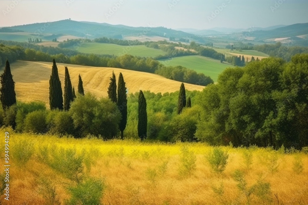 Italian Tuscany landscape with yellow field, green cedar trees countryside agricultural scene. Gener