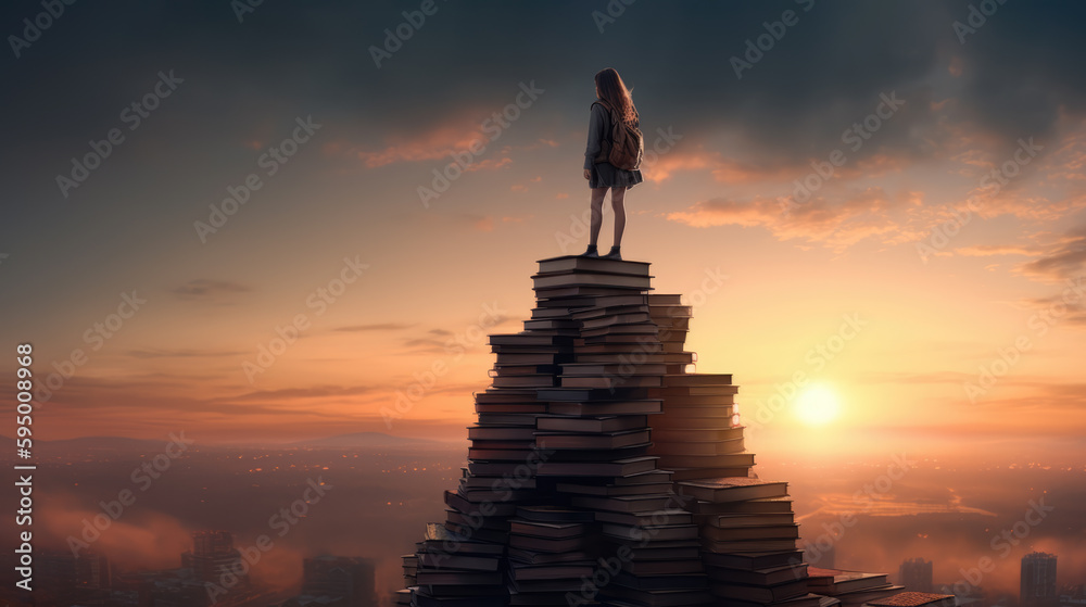 A child standing among many books against the background of sunset. Generative AI