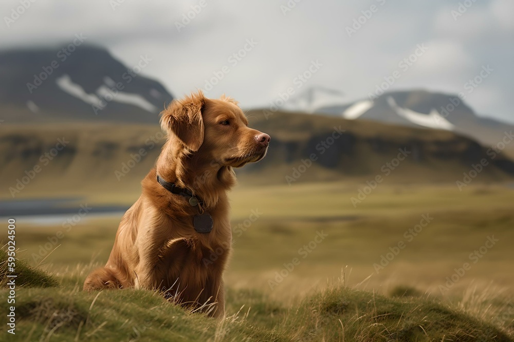 cute golden retriever dog sitting in alps of Switzerland enjoying the silence