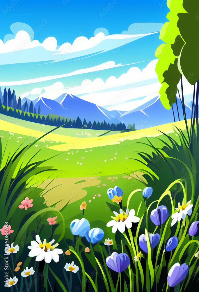 Cartoon meadow spring country meadow landscape background of a springtime green pasture field with a